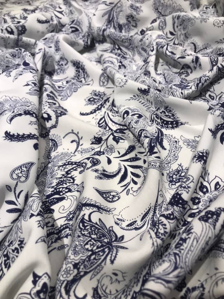 White floral print viscose fabric