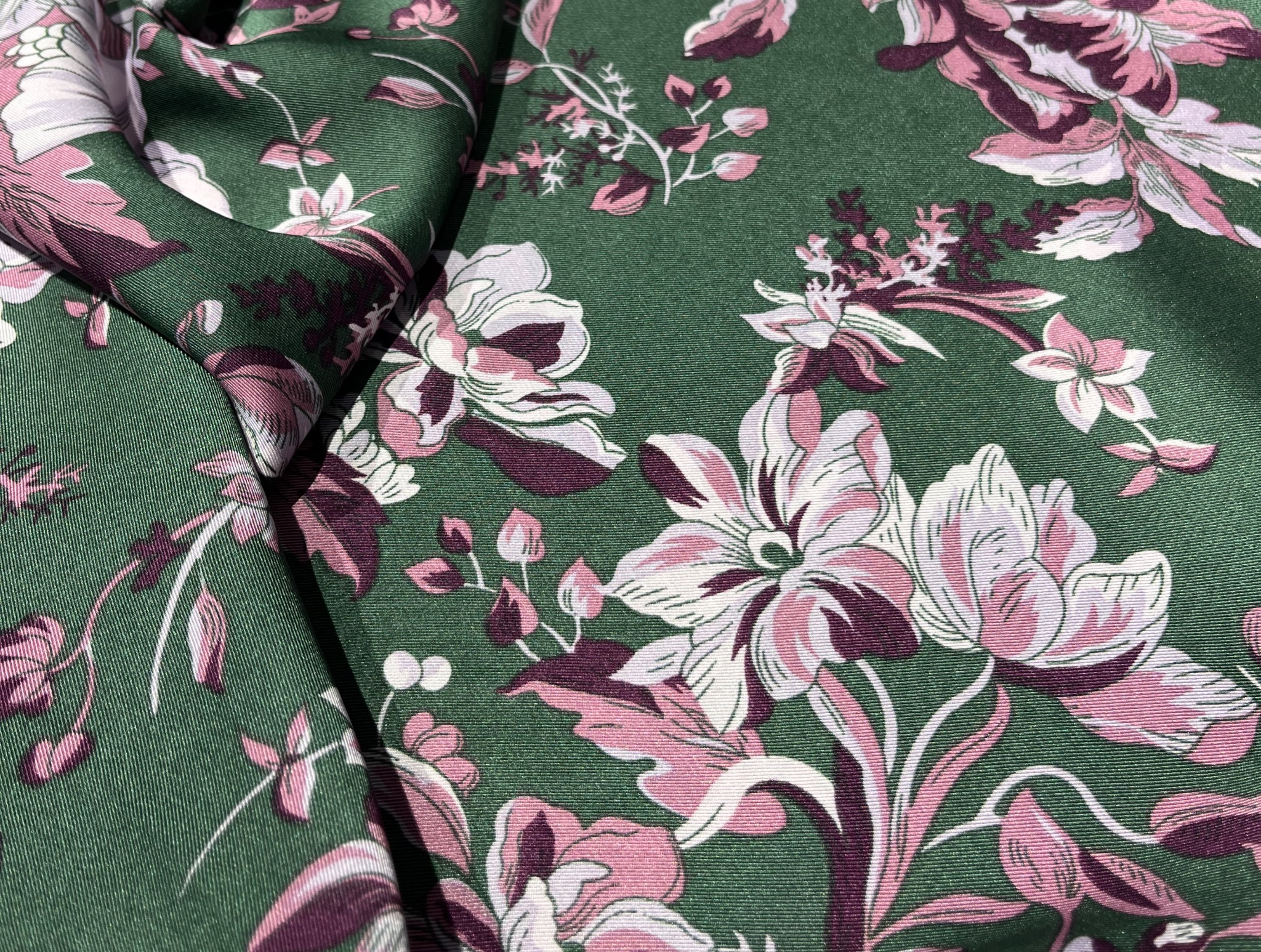 OLIVE GREEN PRINTED SATIN FABRIC