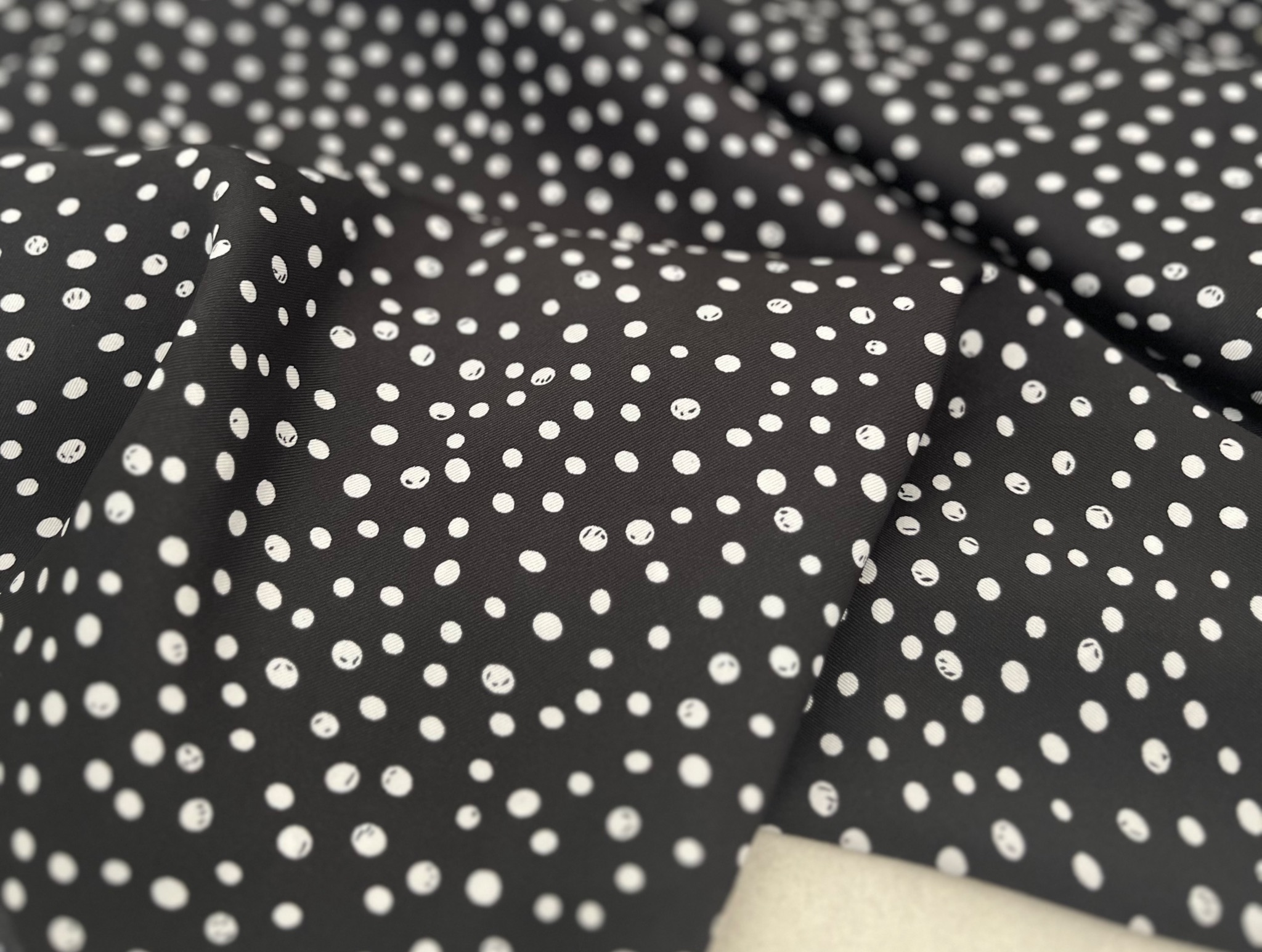 PRINTED SATIN FABRIC WITH WHITE POLKA DOTS